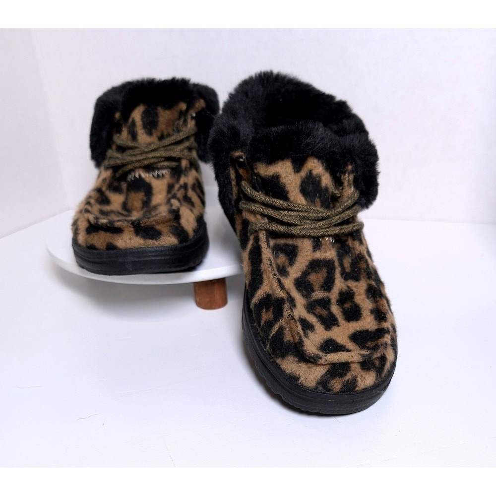 Hey Dude Women Britt Boot Faux Fur Leopard Print Size 5 Brown Black Animal Cozy